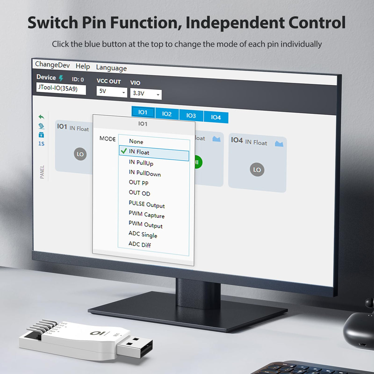 Pibiger JIO Module USB to IO Debug Module,USB to PWM ADC IO Tool, 12-bit ADC, 4-Channel IO, Windows Compatible,Comes with English User Manual,Software,CMD Command,Dll for C#,Python Development