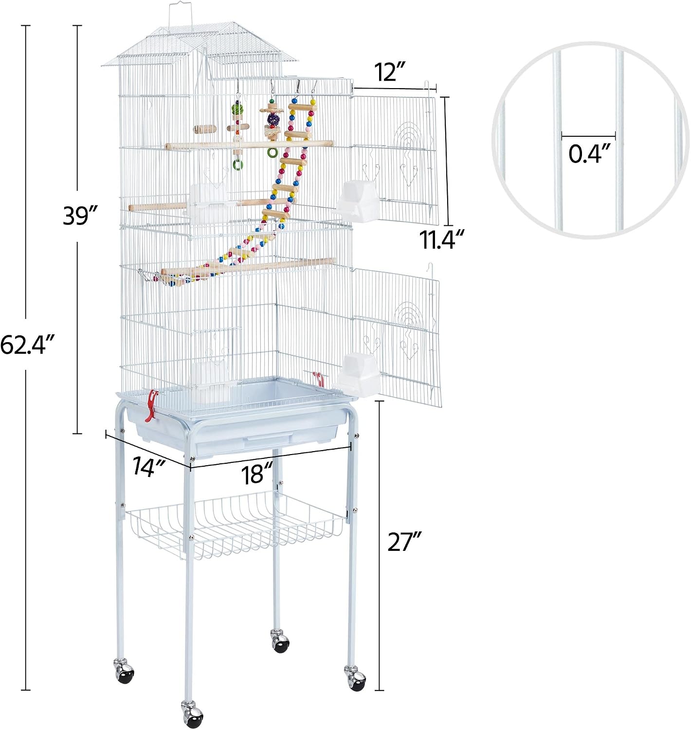 62.5-inch Roof Top Flight Bird Cage for Parakeets Cockatiels Conures Finches Lovebirds Canaries Budgies Small