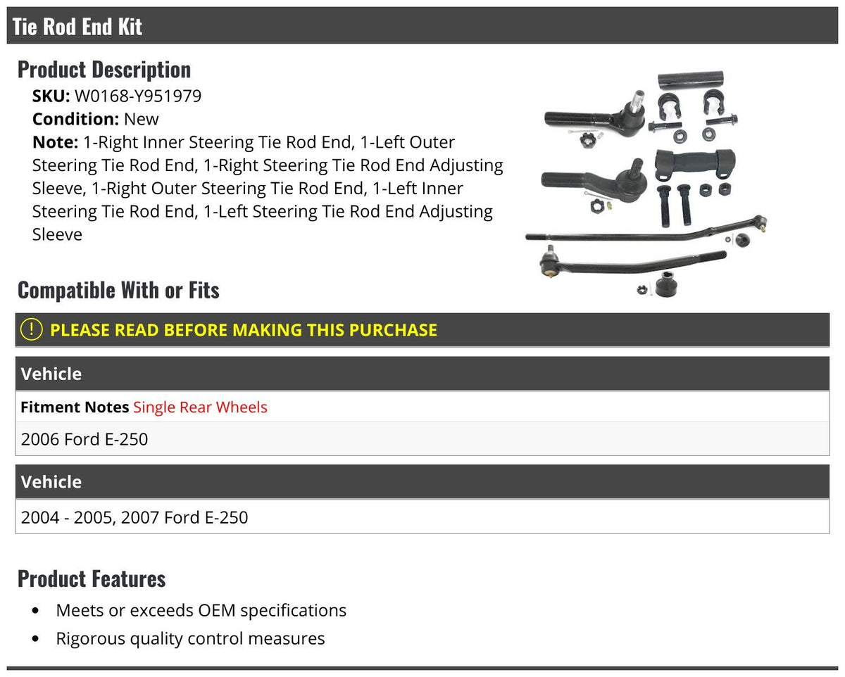 Tie Rod End Kit - 6 Piece - Compatible with 2004-2007 Ford E-250