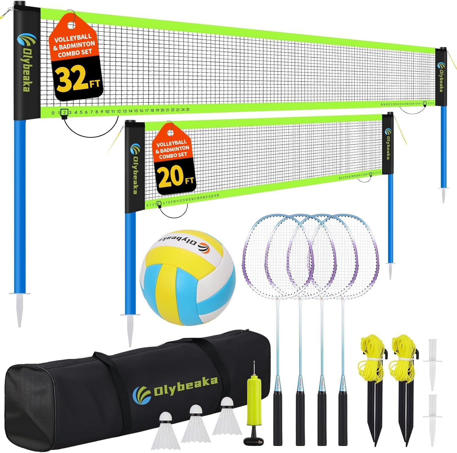 Portable Outdoor Volleyball Badminton Combo Net Set with 2 Nets | Badminton Volleyball Net for Backyard, Beach with