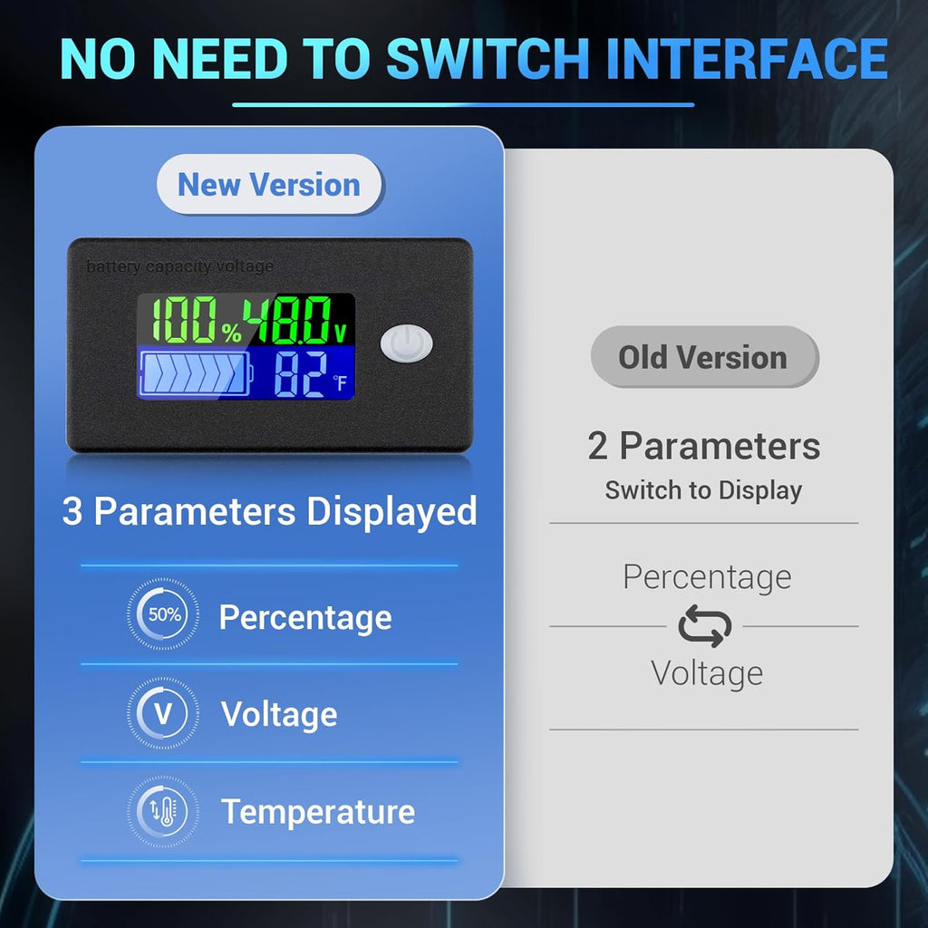 48v Golf Cart Battery Meter - LCD Display Lithium Battery Monitor 10-100v Volt Meter Temperature Gauge for Marine RV