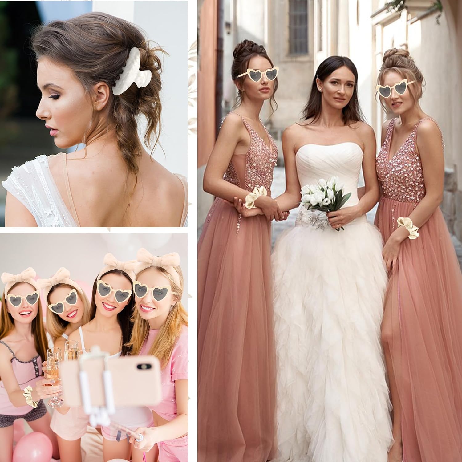 4PCS Bridesmaid Proposal Gifts Satin Hair Scrunchies Heart Sunglasses Spa Headband Acrylic Claw Clips Bachelorette