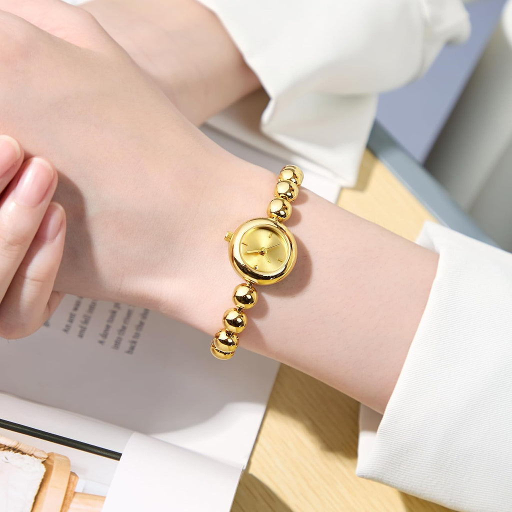 Women Gold Watch Beaded Bracelet Vintage Dainty Silver Ladies Watches Jewelry Analog Dress Small Round Luxury Wrist
