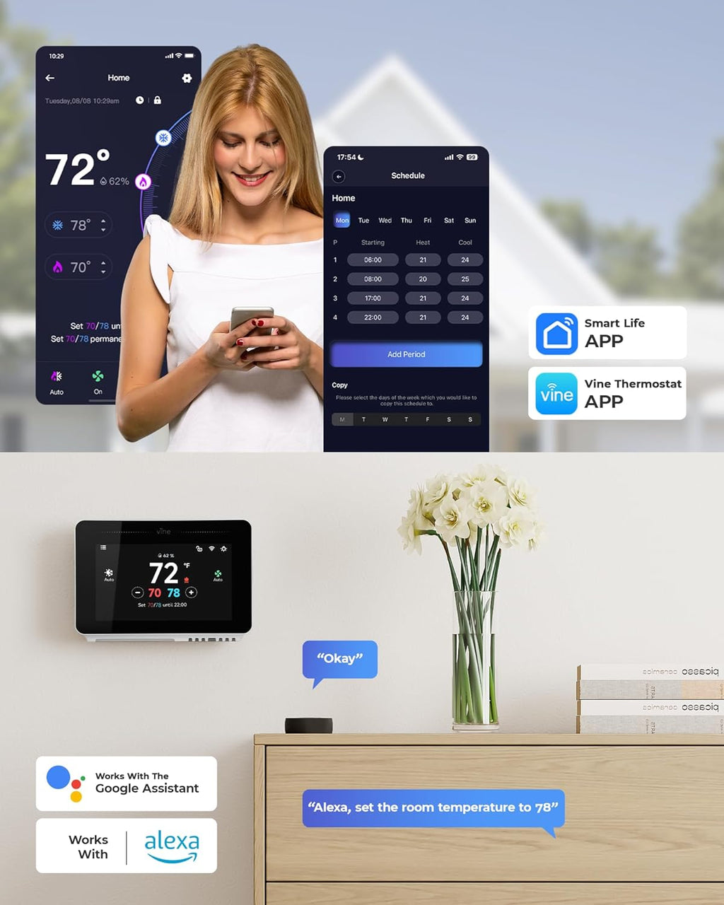 Smart Thermostat for House with Nightlight, 4.3 Inches WiFi Thermostats for Home Compatible with Alexa and Google