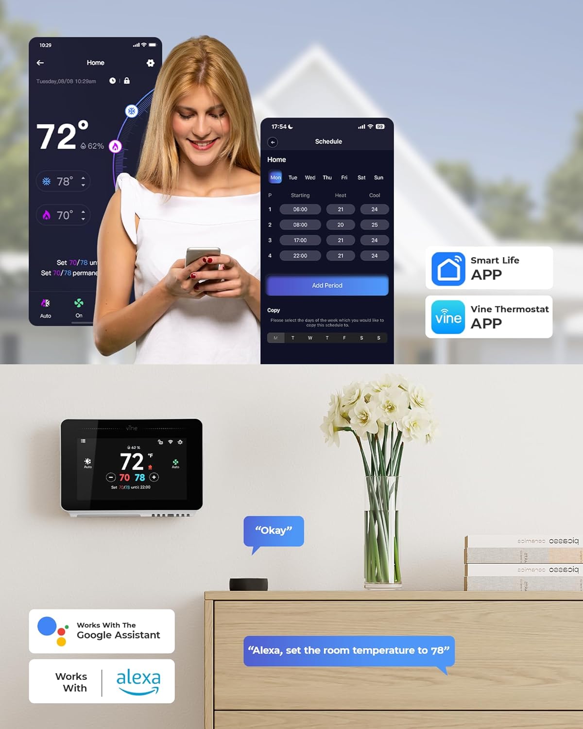 Smart Thermostat for House with Nightlight, 4.3 Inches WiFi Thermostats for Home Compatible with Alexa and Google