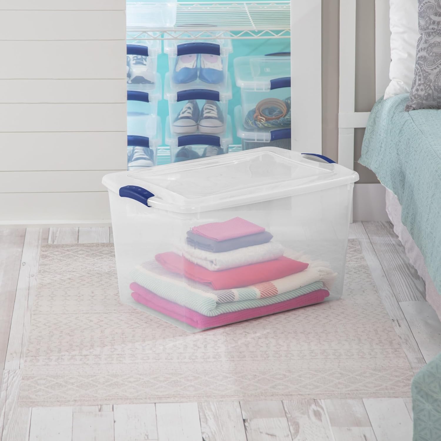 Large Storage Bin, 66 Quart Clear Plastic Storage Container with Latch Lid, Blue Latch