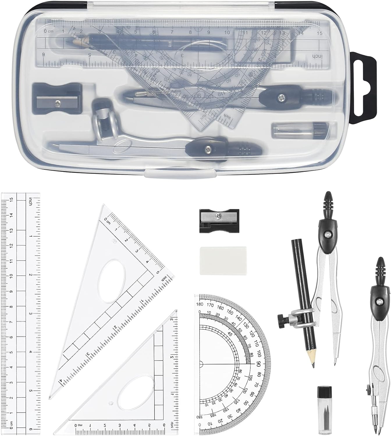 Math Geometry Kit Sets 10 Piece Student Supplies, Compass Set, Black | Shatterproof Storage