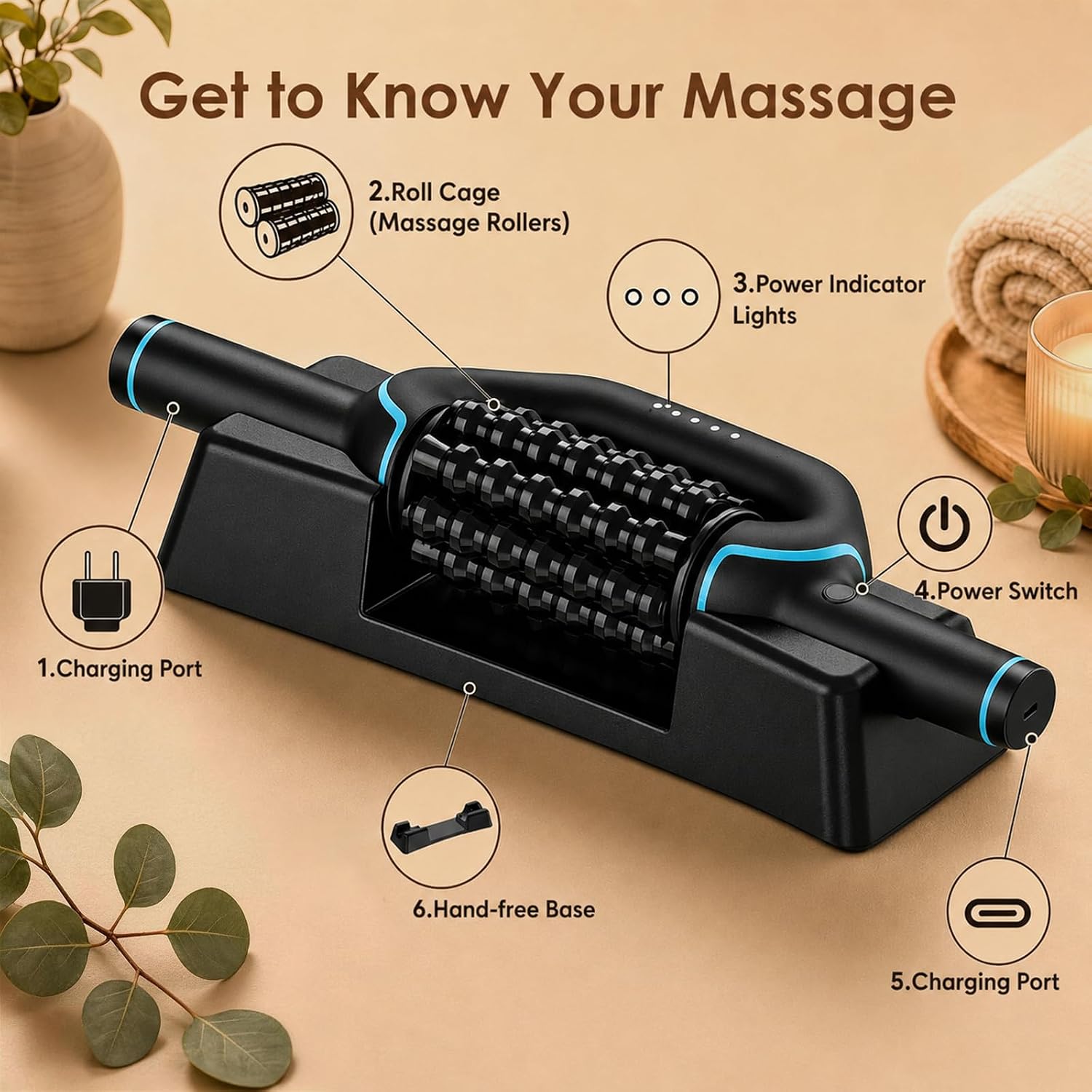 Electric Rolling Percussive Massager, Deep Tissue Muscle Roller & 6 Speeds | Rechargeable Electric Massager with