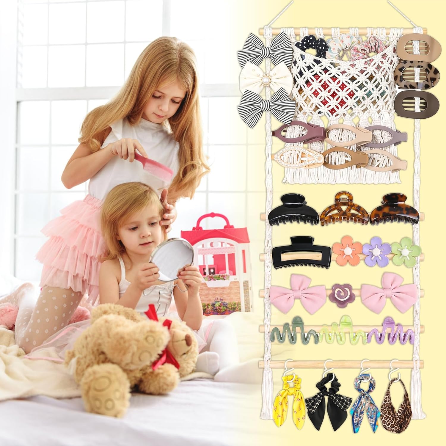 Hair Claw Clip & Headband Holder Organizer, Large Capacity Mesh Pocket | Hanging Storage with Adhesive Hook, Hair