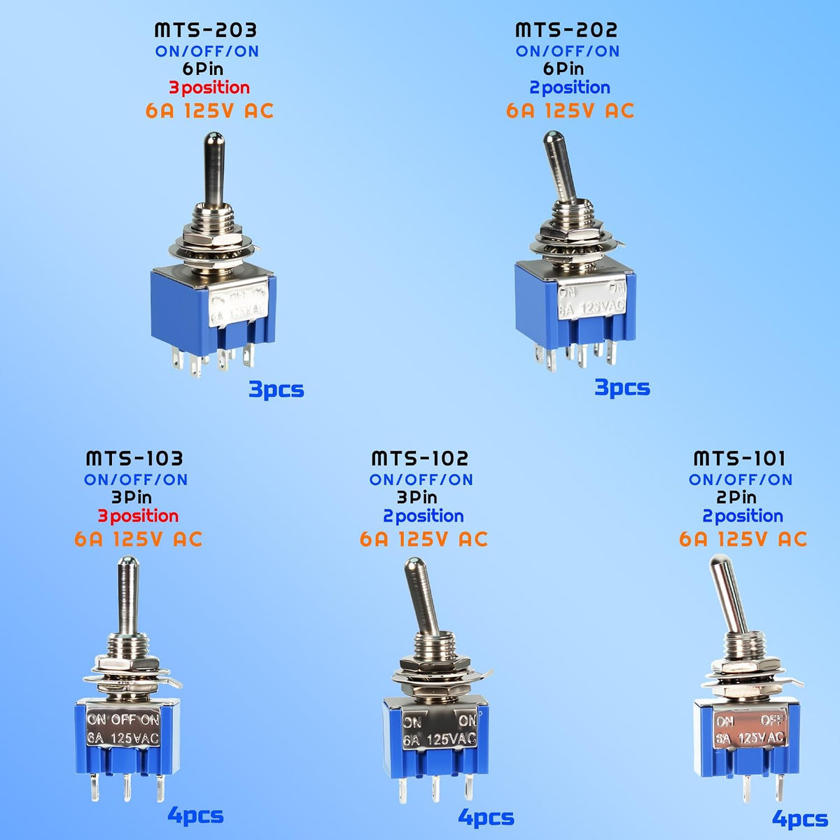 18PCS 5Values Mini Toggle Switch SPST Assortment Kit 6A 125V ON/Off/ON 2/3/6 Pin 2/3 Position Micro Rocker Switches (5Values 18pcs)