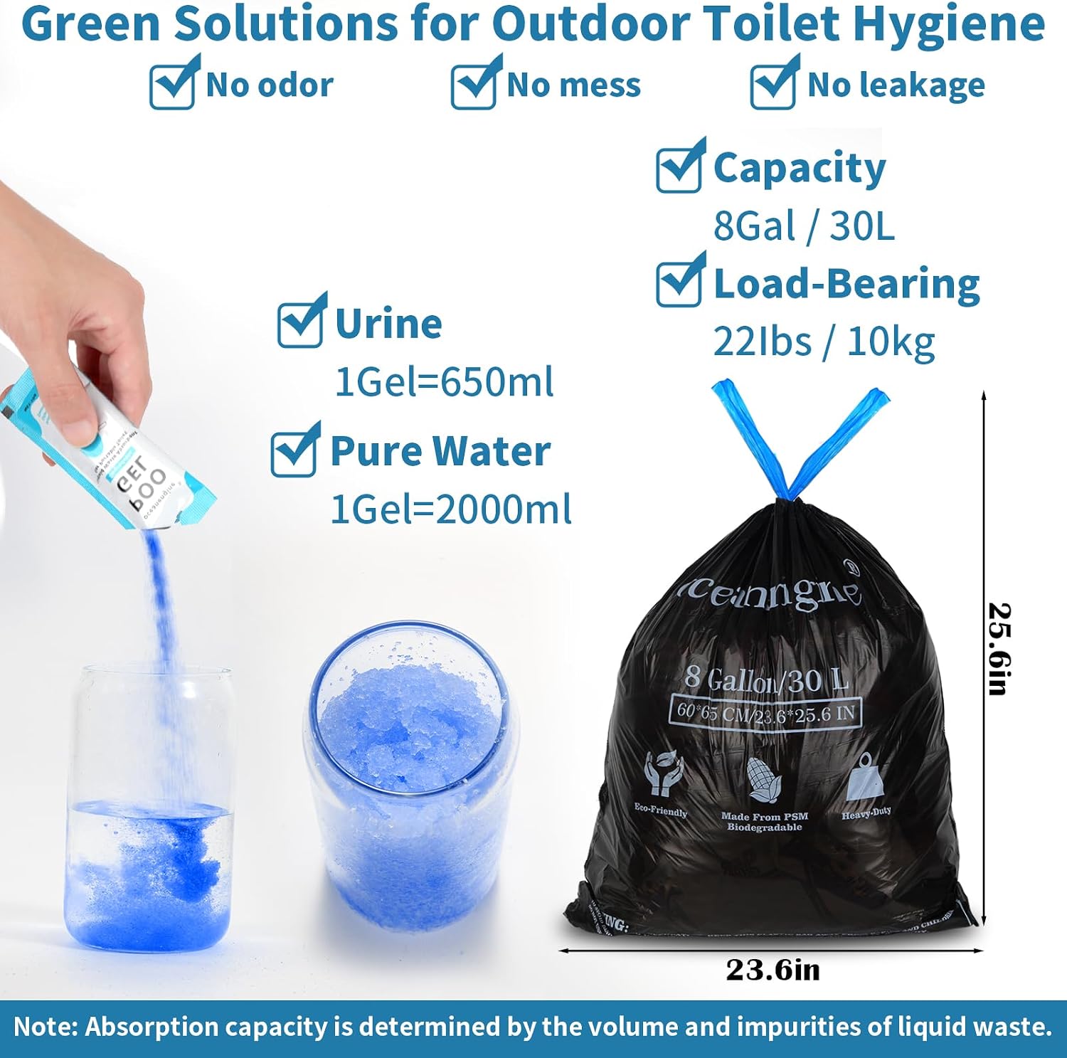 Portable Toilet Bags Poo Gel Set, 8 Gallon Camping Toilet Bags with Portable Toilet Absorbent Gel, Compostable