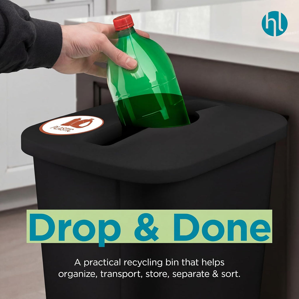 Recycling Bin System, 3 Pack Waste Sorting Containers with Stickers, Plastic Trash Cans for Kitchen Garage Home