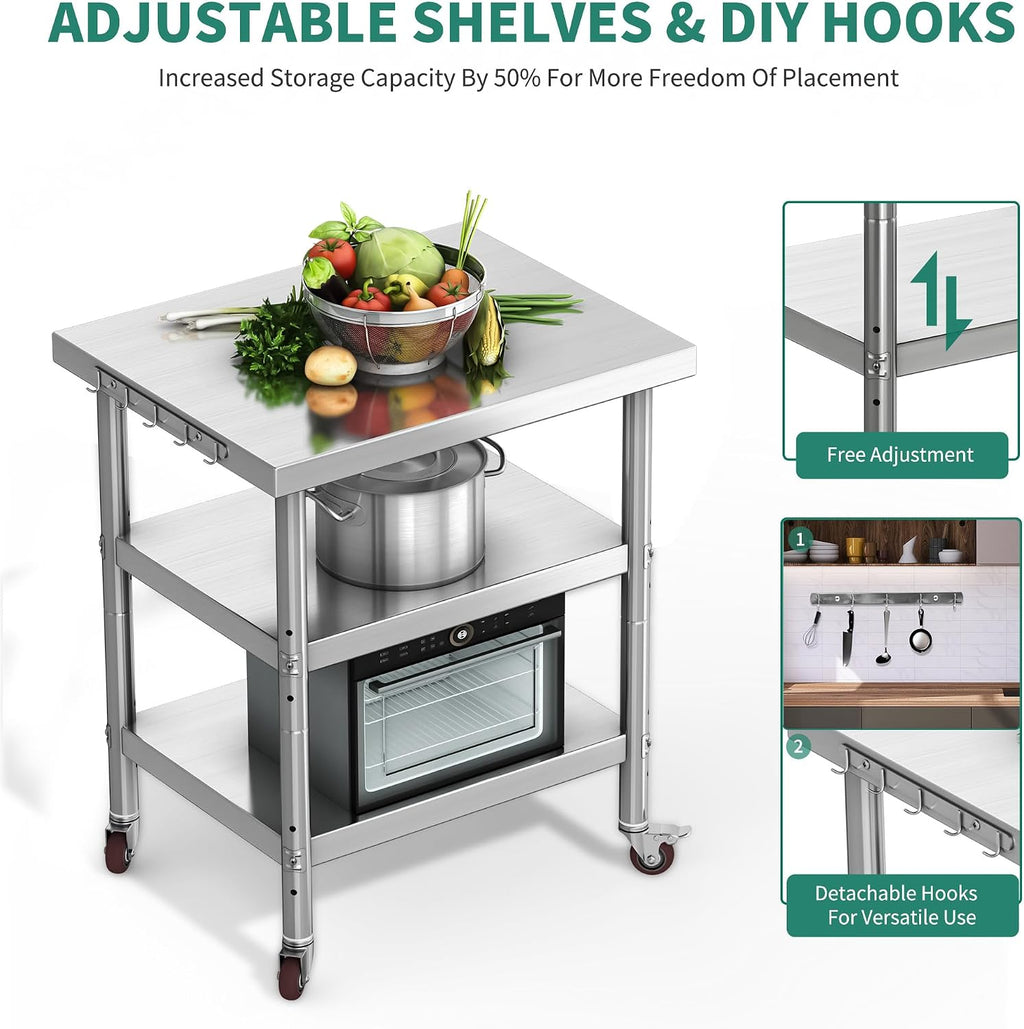 30" X 24" Stainless Steel Table with Wheels, 3 Shelves