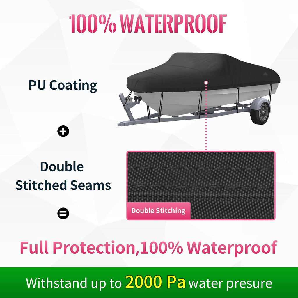 Trailerable Boat Cover, Length: 14’-16’ Beam Width: up to 90”, Waterproof Heavy Duty Cover, Fits V-Hull, TRI-Hull
