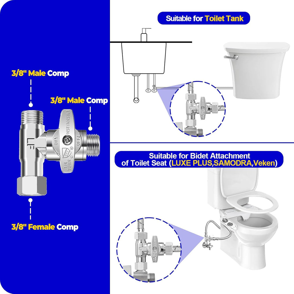 Tee Stop Valve - 3/8"Compx3/8"Compx3/8"Comp Brass Tee for Faucet,Dishwasher