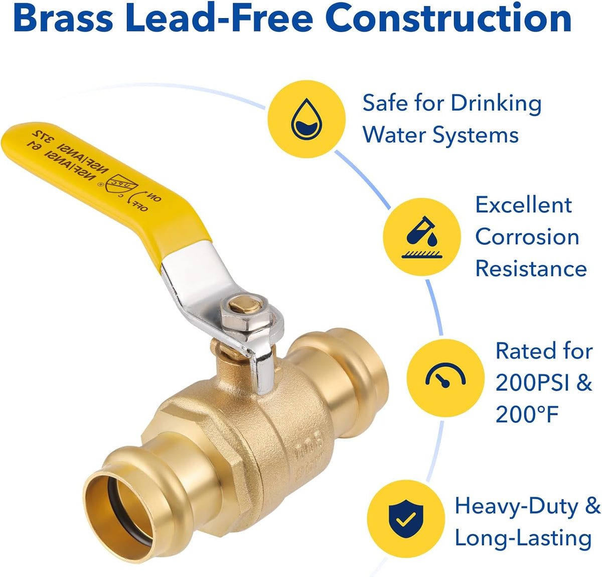 1/2" Brass Press Ball Valve, 1/4-Turn Full Port Valve (10-Pack)