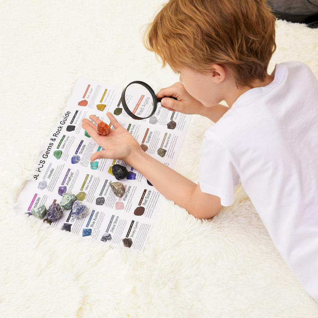 Rock Collection for Kids - 30Pcs Rocks, Gemstones & Crystals Kit | with learning Guide, Mineral Education Set
