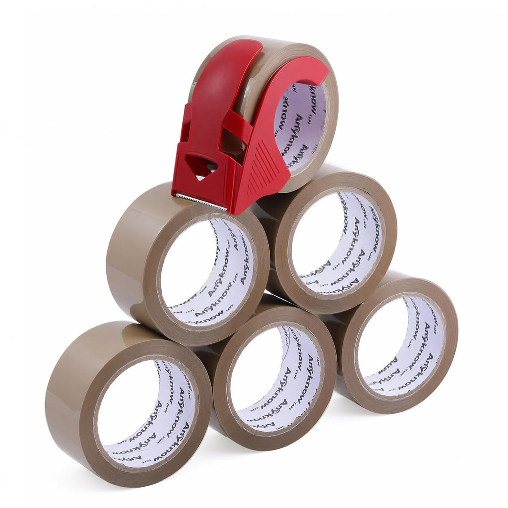 Heavy Duty Brown Packing Tape with Dispenser 1.88 In x 60 Yds 6 Rolls | Strong Adhesive Packaging Tape, Shipping Tape
