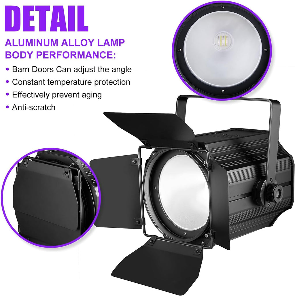 COB Stage Lights with Barn Doors, COB Par Light 200W LED RGBWAUV DMX512 Master-Slave Sound DJ Lighting Spotlight