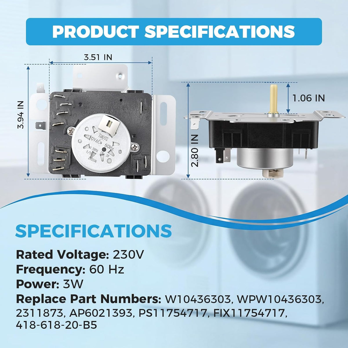 W10436303, WPW10436303 Dryer Timer Replacement, 230V 60Hz, 2-Year Warranty