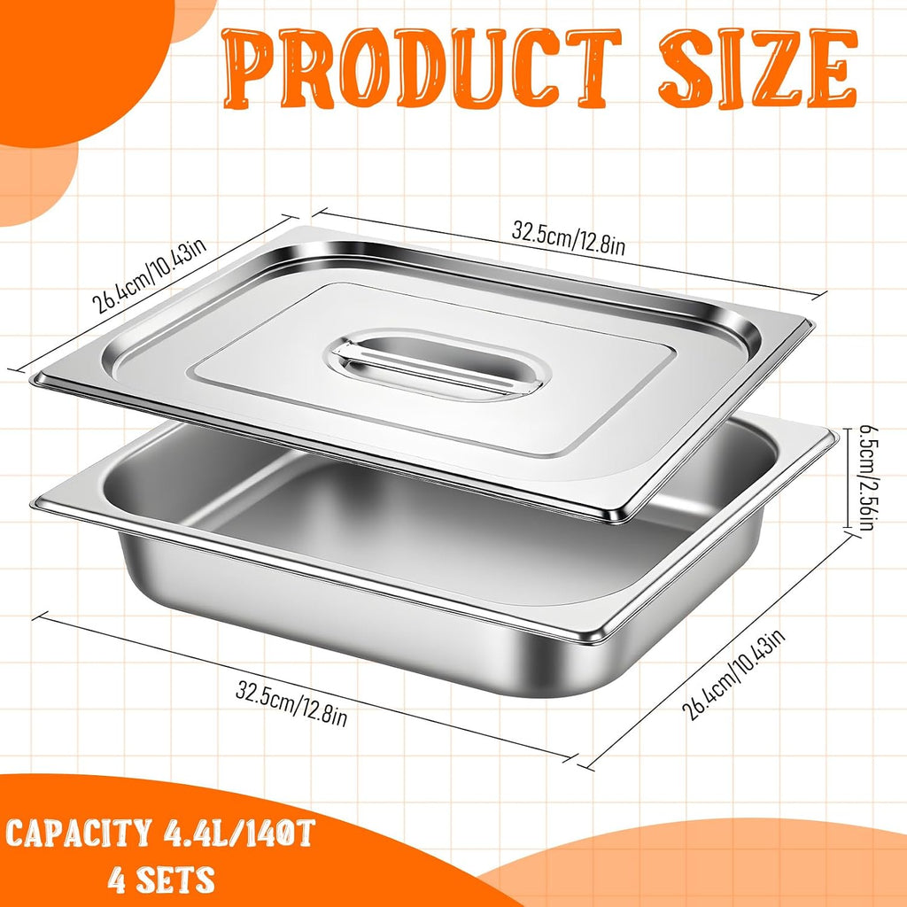 4 Pack Hotel Pans with Lids, 2.5" Deep Stainless Steel Steam Table Pan 1/2 Size Anti-Jam Steam Pan Commercial Table