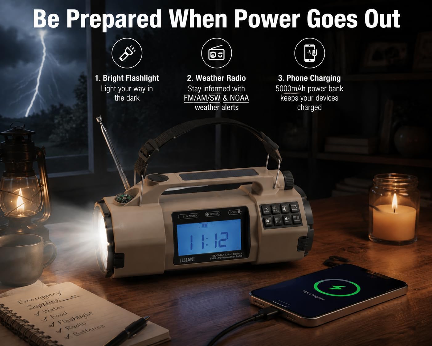 NOAA Weather Radio Emergency Radio with Hand Crank & Solar Charging | AM FM SW Weather Alert 5000mAh Battery, Phone