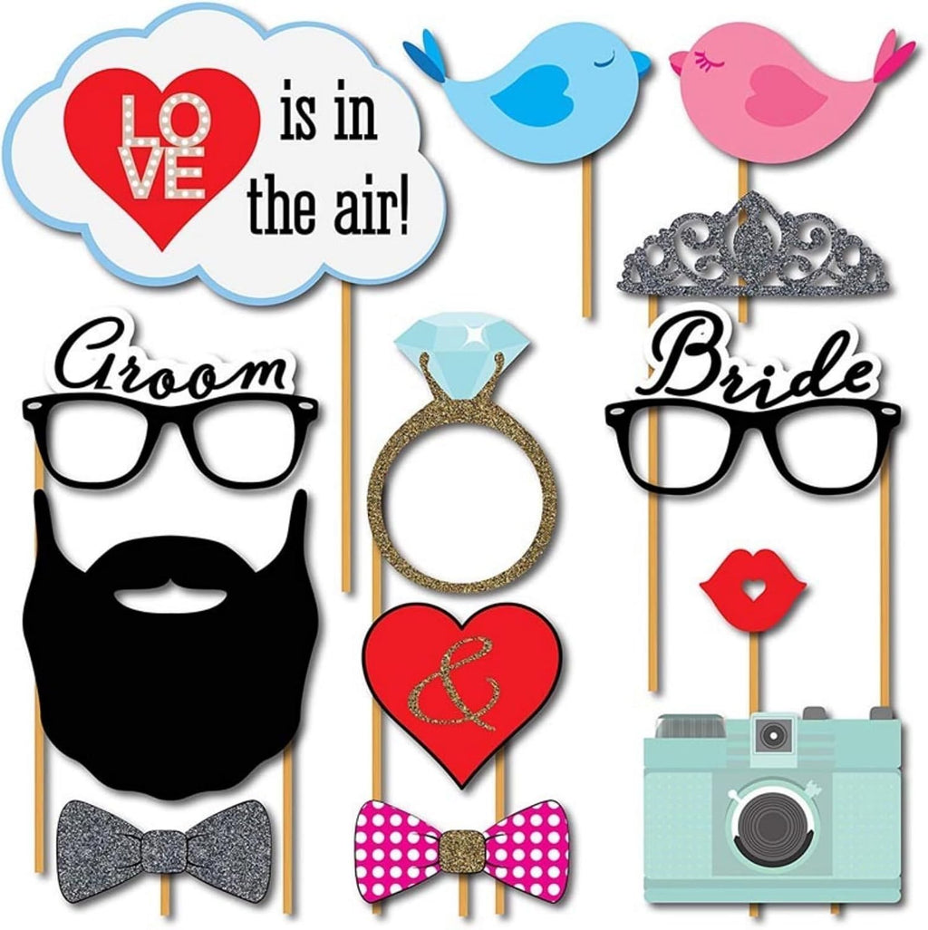 Wedding Photobooth Props Kit, Engagement Photo Booth Accessories with Wooden Dowels for Bridal Shower Wedding Favour