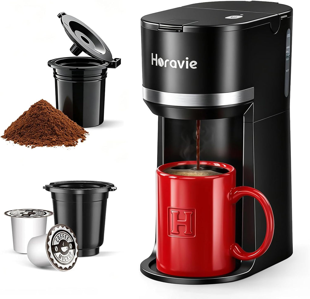 Small Single Serve Coffee Maker for K Cup and Grounds, Fast Brew One Cup Coffee Machine with One Button, 6 to 12 oz.