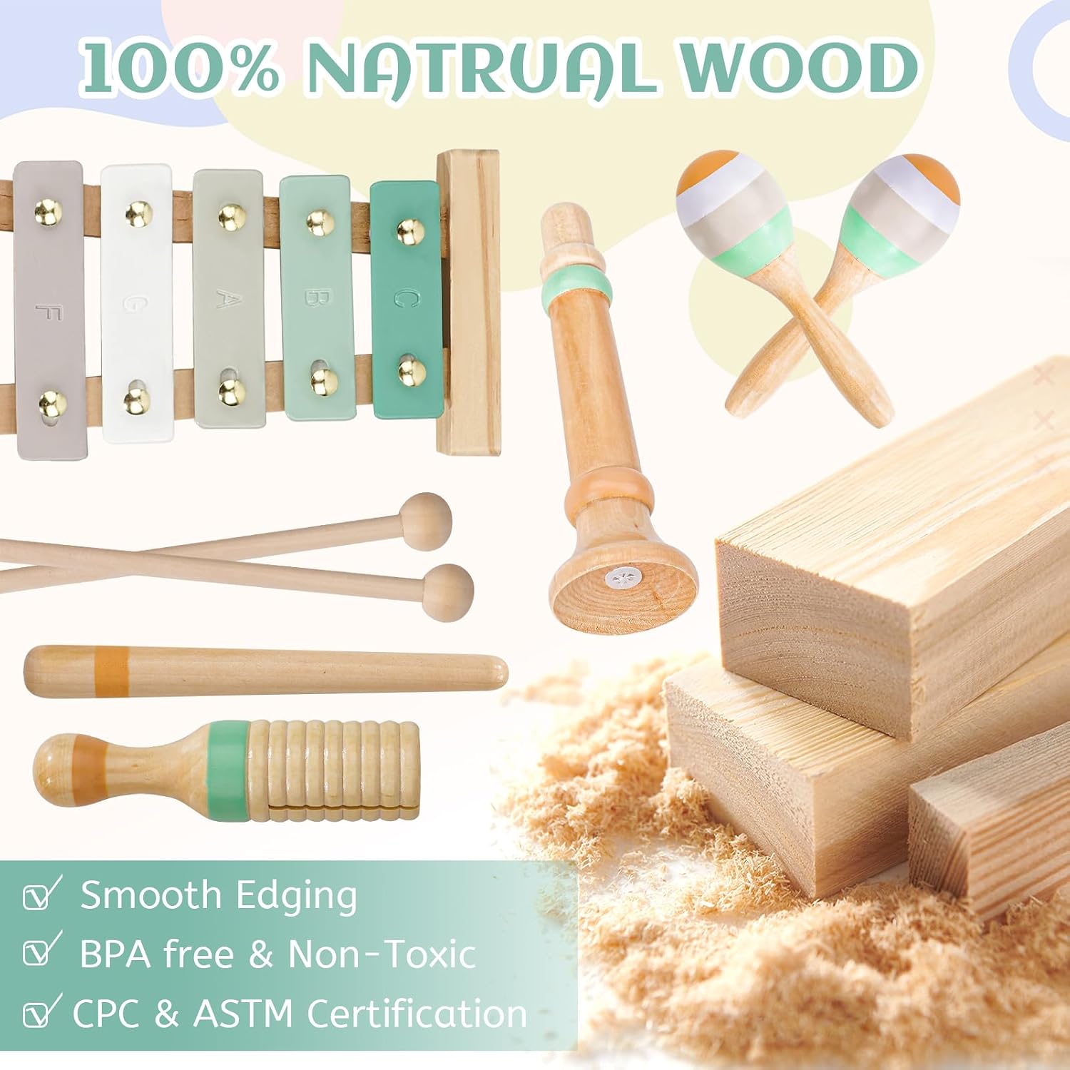 Kids Musical Instruments Set, Neutral Colors Wooden Montessori Toys | Percussion Instruments Set with Modern Boho