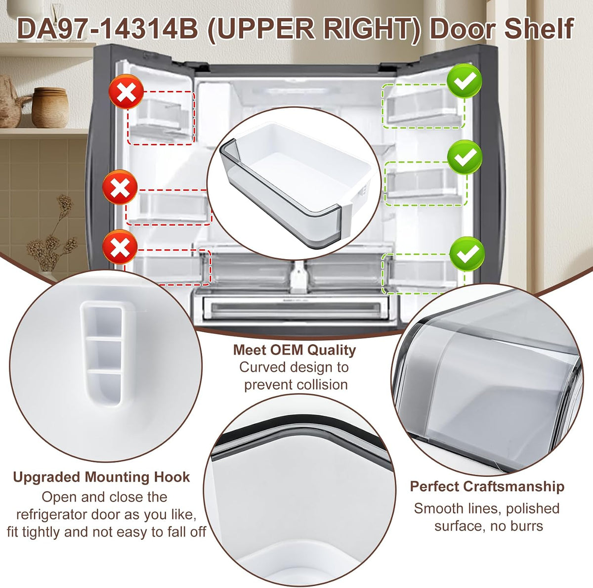 DA97-14314B Door Bin Compatible with Samsung Refrigerator (Right) Door Shelf, Part Number: RF23HCEDBBC, RF23HCEDBSG, RF23HCEDBSR, RF23HCEDBWW, RF23HCEDTSR etc. 1 Year Warranty