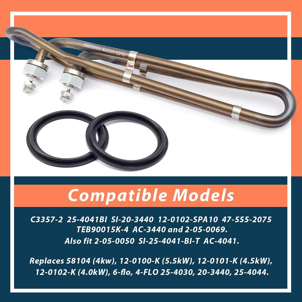 4KW 240V Heater Element with Mounting Hardware Compatible with Flo-Thru Balboa Hot Tub Heating Element, Universal Applicable in Spas Electric Heaters Or Swimming Pools