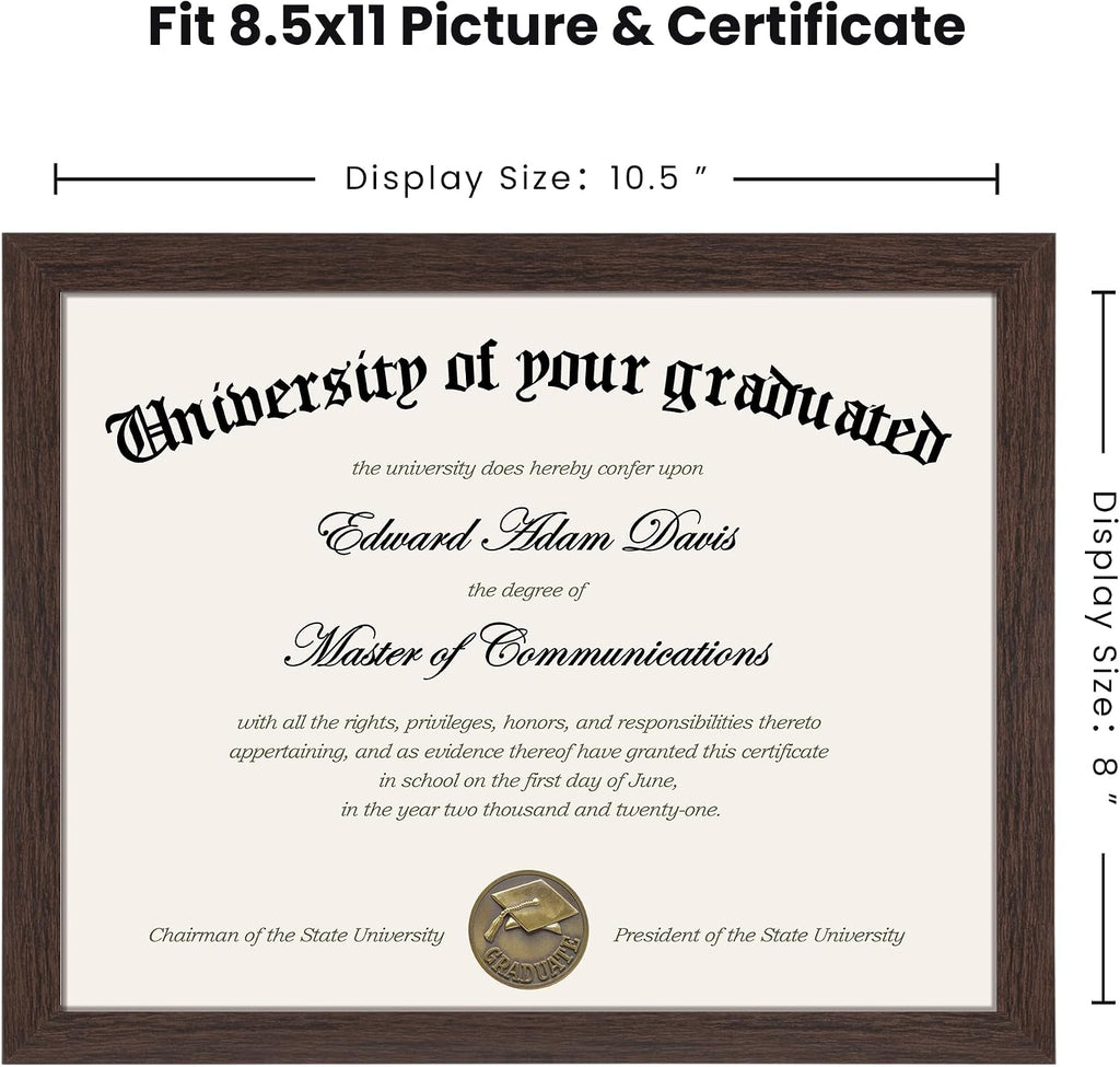 Certificate Frame, 8.5 by 11 Diploma Frames, 1 Pack, Brown | Clear Plexiglass, 8.5x11 Document Degree Frames for