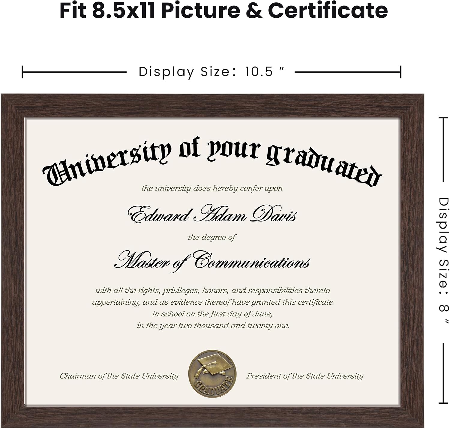 Certificate Frame, 8.5 by 11 Diploma Frames, 1 Pack, Brown | Clear Plexiglass, 8.5x11 Document Degree Frames for