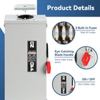 3P 100 Amp Fused Disconnect, 110/240V, Pre-Installed Fuses, Cover Interlock