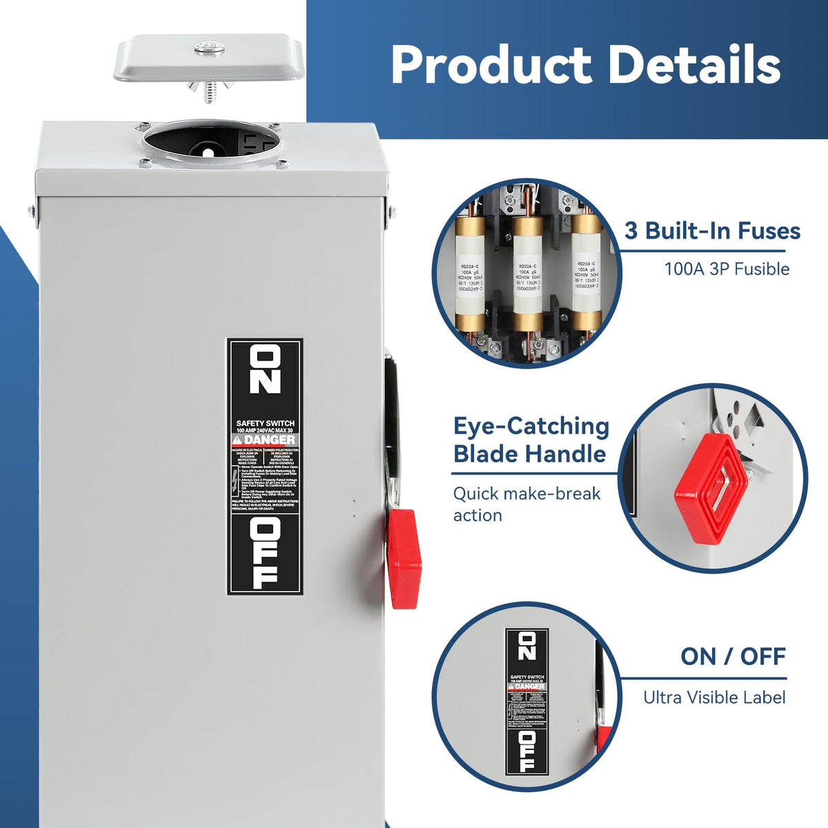 3P 100 Amp Fused Disconnect, 110/240V, Pre-Installed Fuses, Cover Interlock