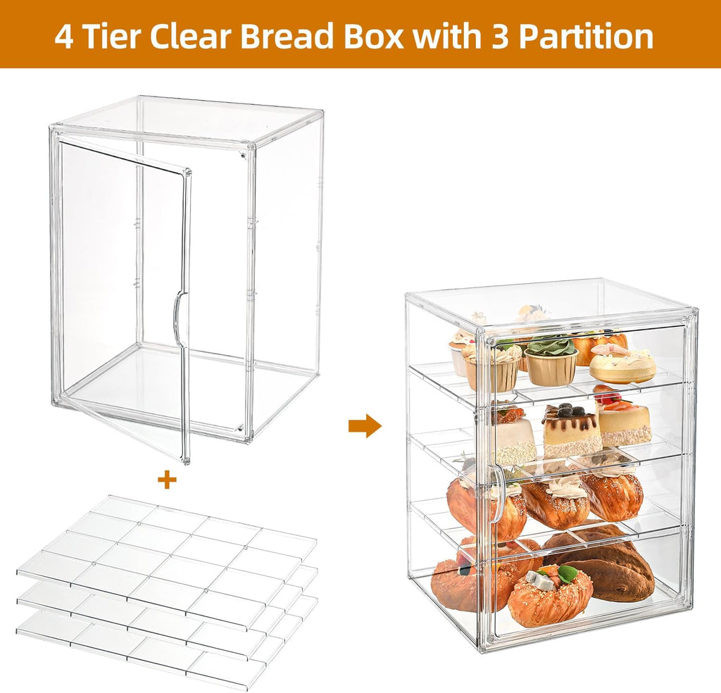Pastry Display Case，4-Tier Adjustable Clear Bread Storage with Magnetic Door，Bread Box for Kitchen
