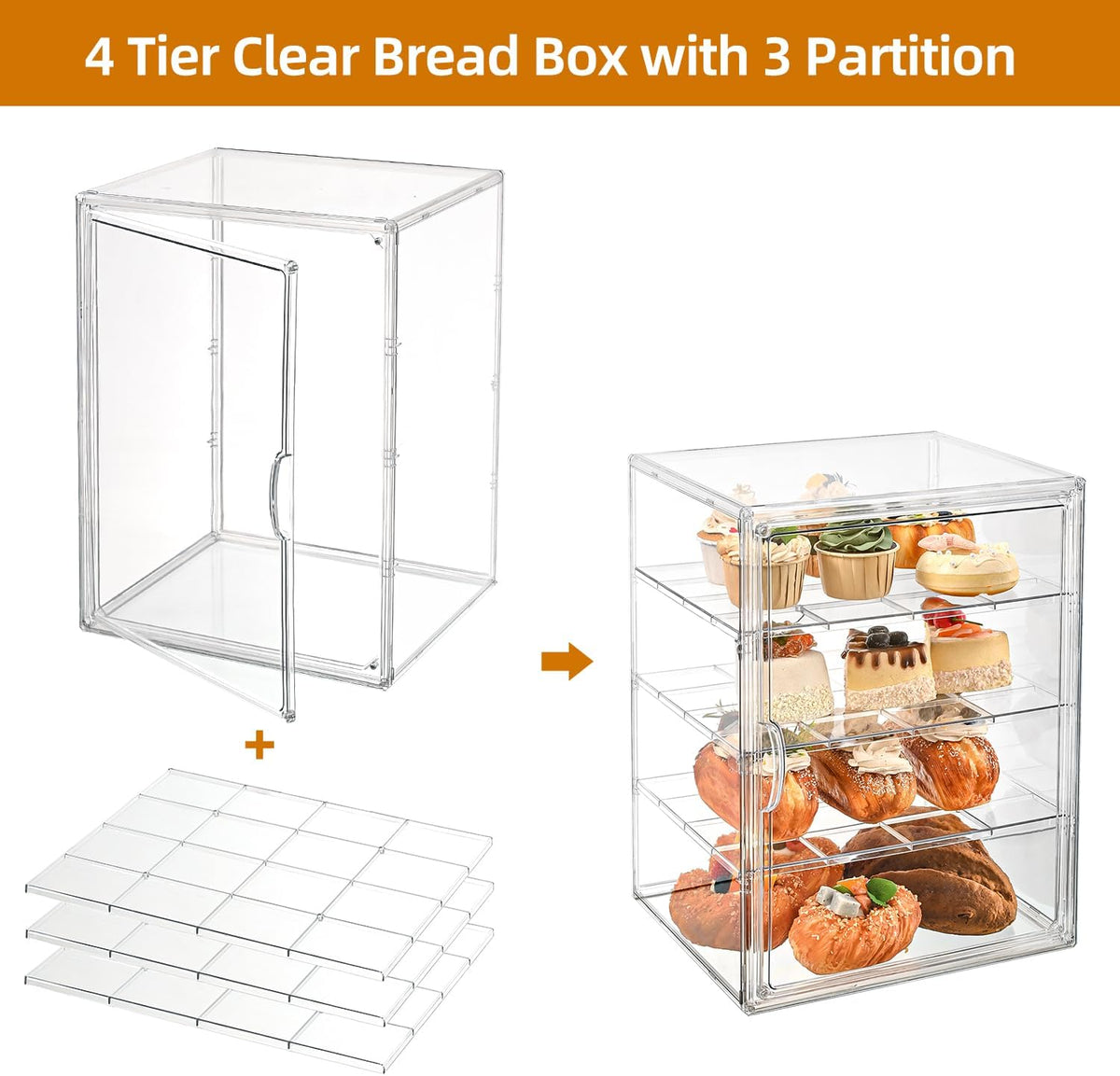 Pastry Display Case，4-Tier Adjustable Clear Bread Storage with Magnetic Door，Bread Box for Kitchen