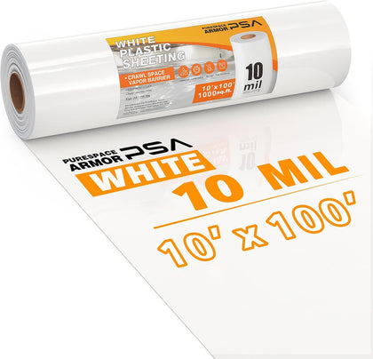Crawl Space Vapor Barrier, 10mil Film, 10'x100', White Plastic Sheeting - Thick Plastic Sheeting, Heavy Duty