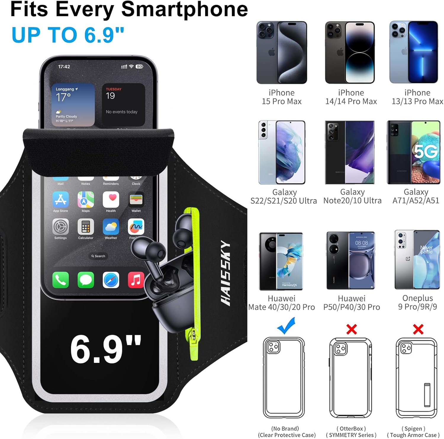 Cell Phone Running Armband with Zipper Pocket Armband Case Running Holder for iPhone 16 Pro Max/15/14 Pro Max/13/12