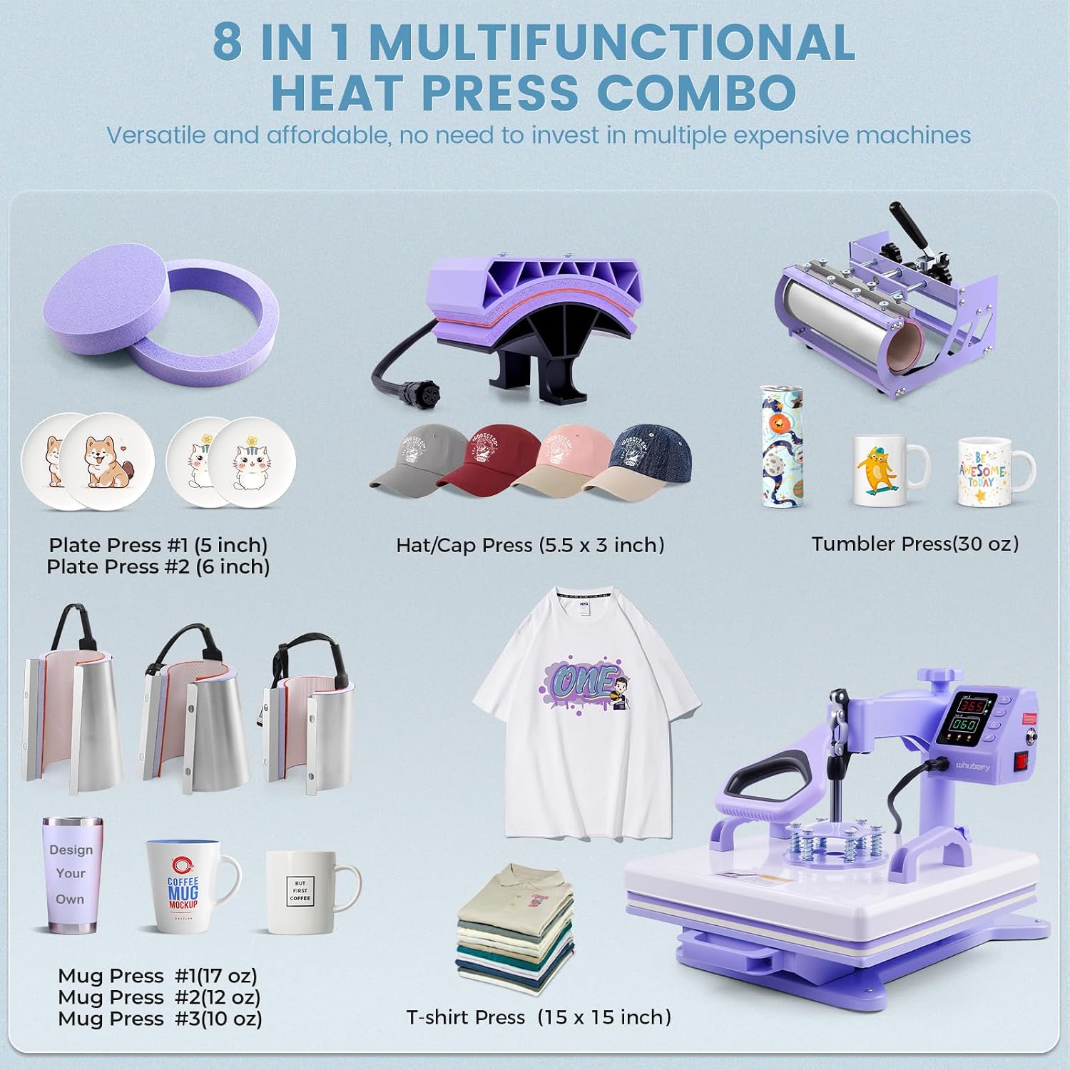 15x15 Heat Press 8 in 1 with 30oz Tumbler Press, Slide Out & 360°Swing Away | PID Temp Control+Industrial Quality
