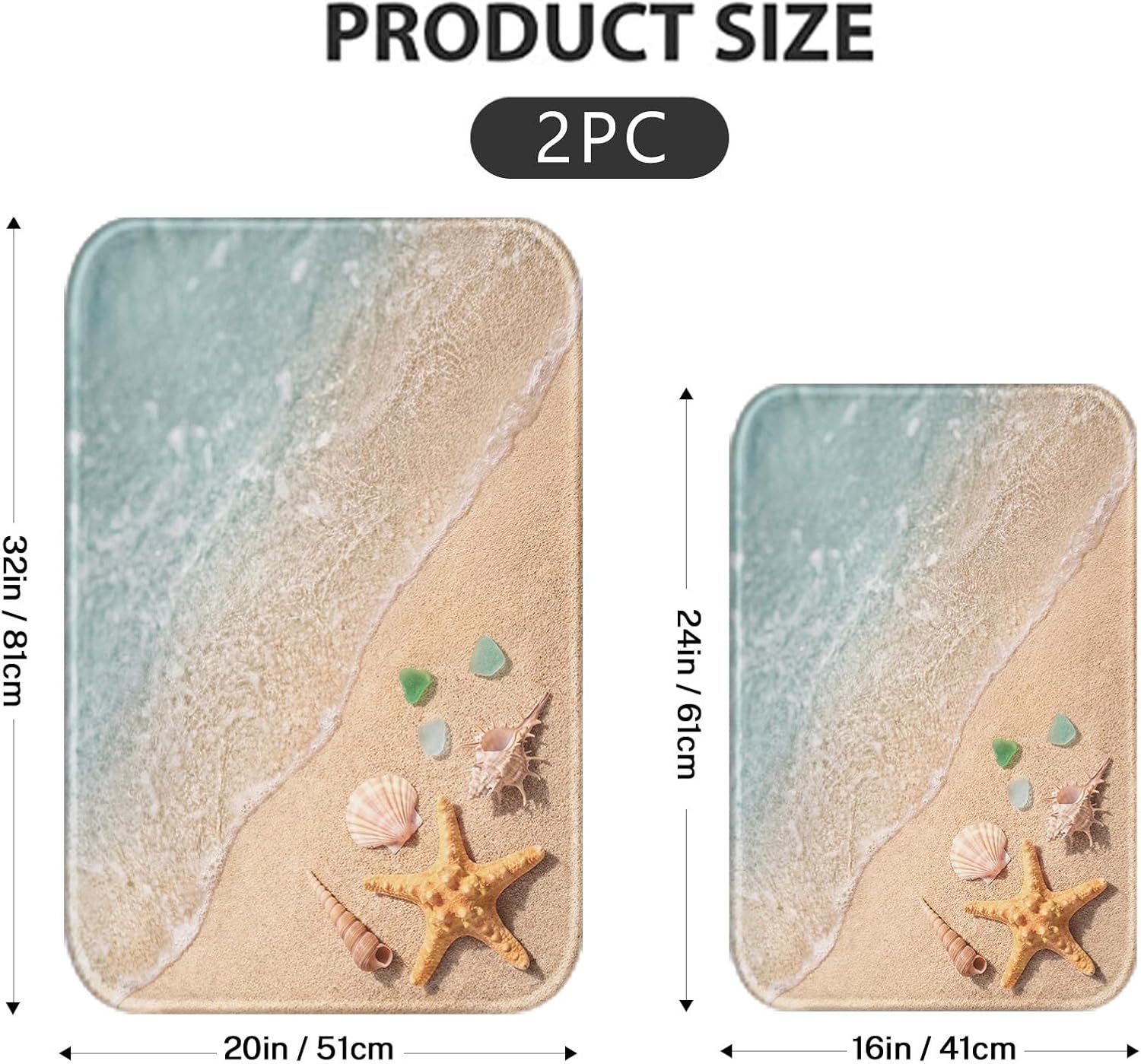 Beach Starfish Sea Shell Ocean Bathroom Rug Mat Set of 2, Washable Cover Floor Rug Carpets Floor Bath Mat Bathroom