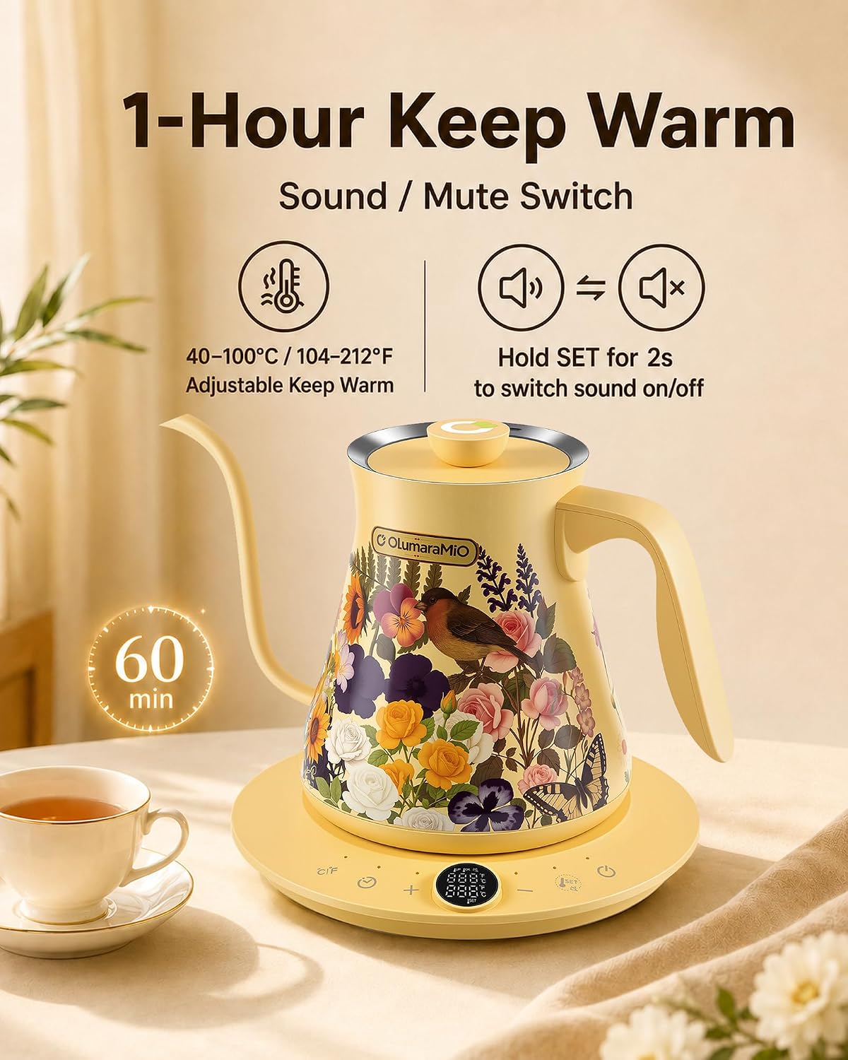 0.8L/27oz Gooseneck Electric Kettle - ±1℉ Precise Temperature Control for Pour Over Coffee & Tea, 1200W Fast Heating