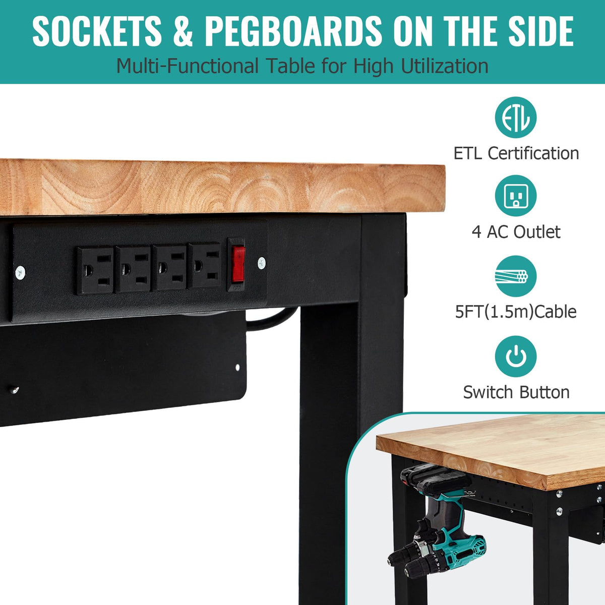 60" Heavy-Duty Garage Workbench with 2 Drawers, Pegboard & Power Outlet