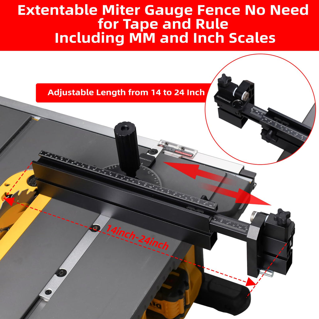 GOINGMAKE Compact Table Saw Miter Gauge with 14 to 24 Inch Extendable Fence