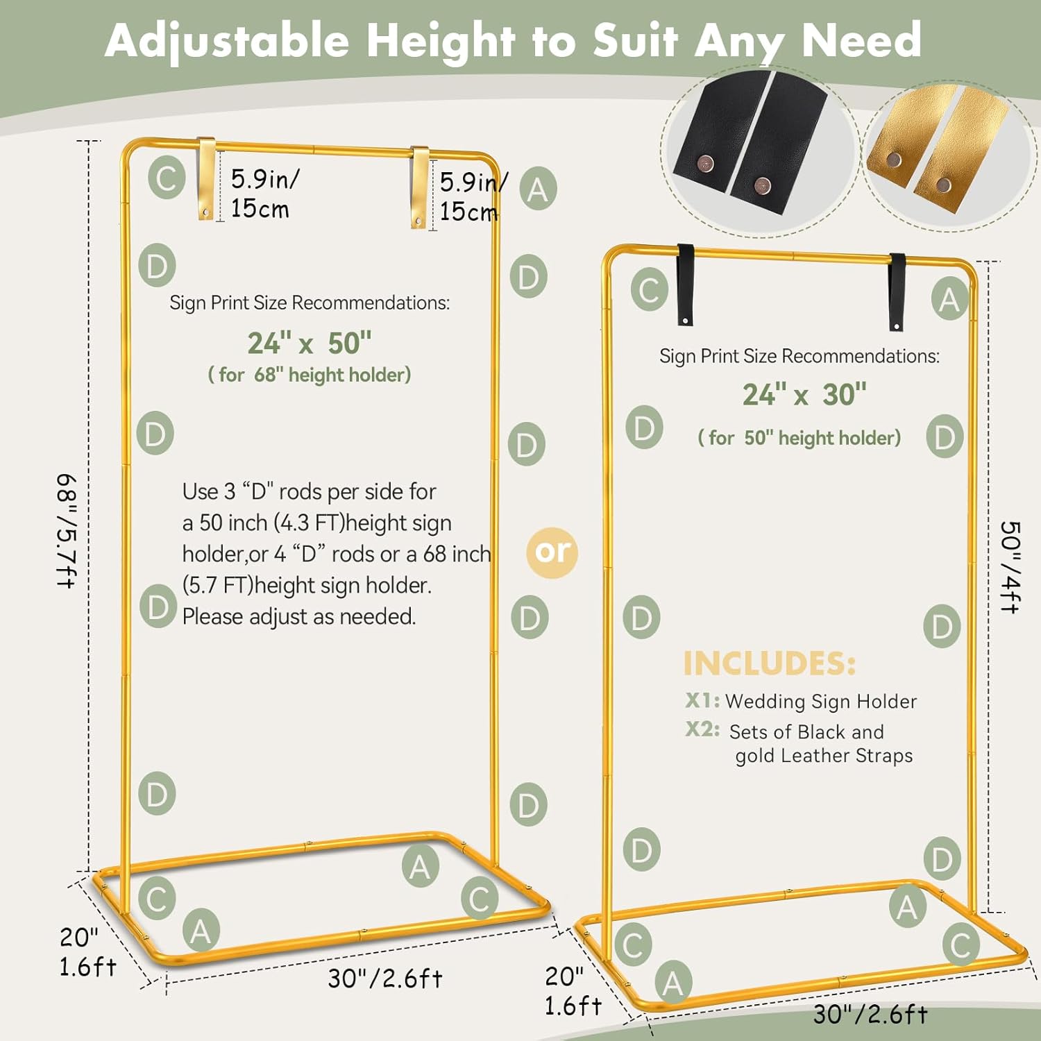 Welcome Sign Holder Gold Wedding Easel Stand with 4 Leather Straps | Sign Rack Heavy Duty Easel For Harvest Halloween