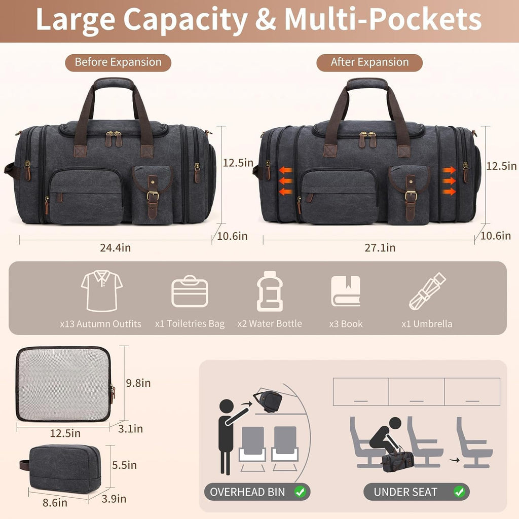 Mens Duffle Bag for Travel 60L Expandable Canvas Weekender Overnight Travel Duffel Bag with Shoe Compartment Carry-On