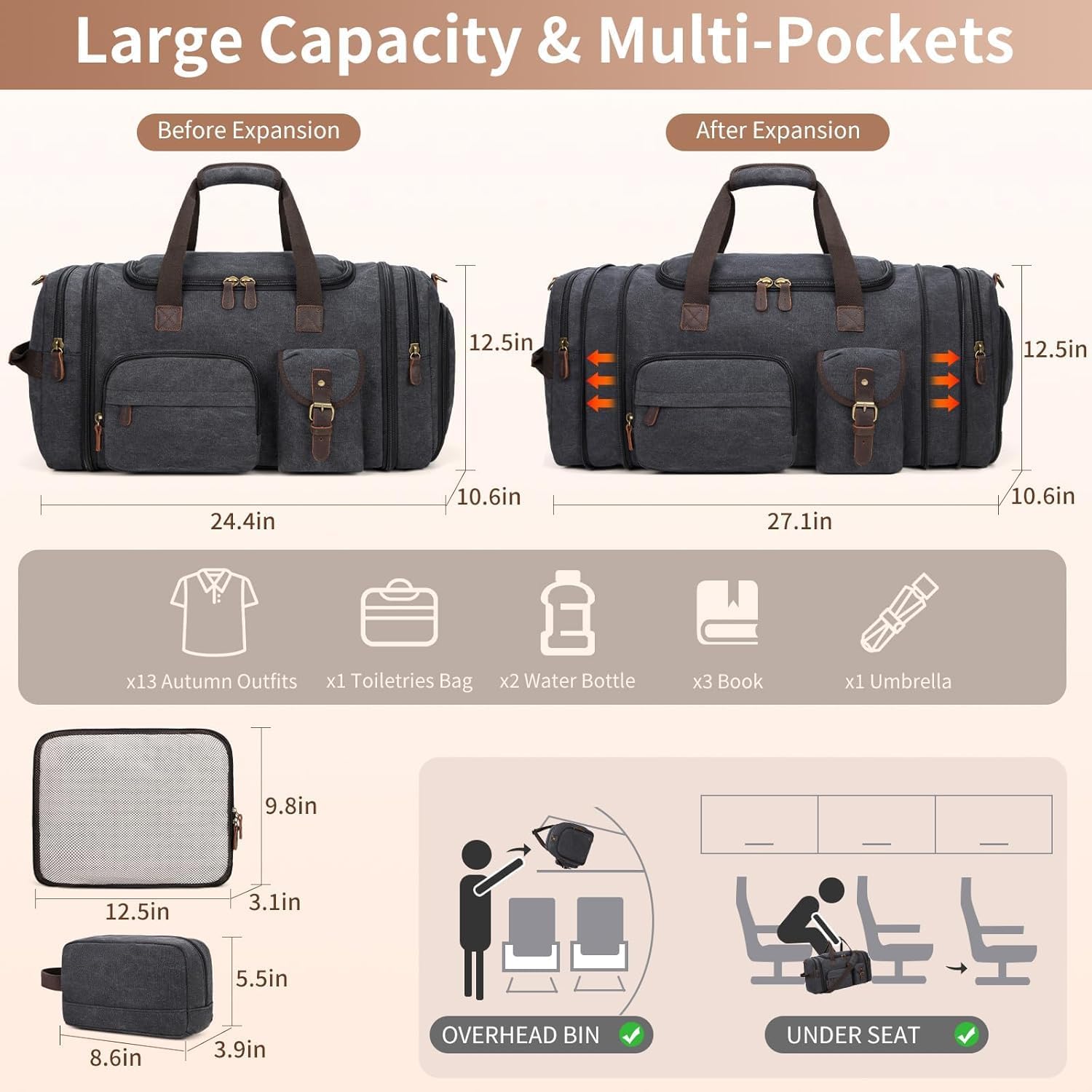 Mens Duffle Bag for Travel 60L Expandable Canvas Weekender Overnight Travel Duffel Bag with Shoe Compartment Carry-On