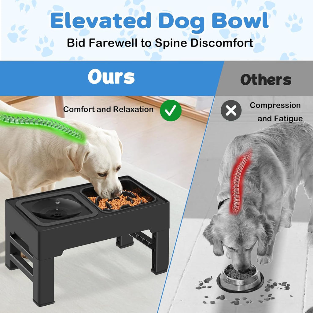 2-in-1 Elevated Slow Feeder Dog Bowls, 4 Height Adjustable Raised Dog Bowls Stand with No Spill Water Bowl, Non-Skid