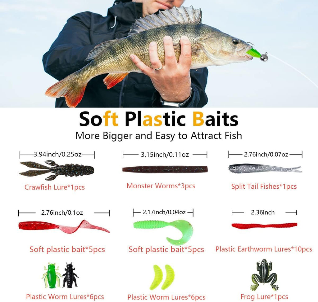 Fishing Lures Kit Set, Baits Tackle Including Crankbaits, Topwater Lures, Spinnerbaits, Worms, Jigs, Hooks, Tackle
