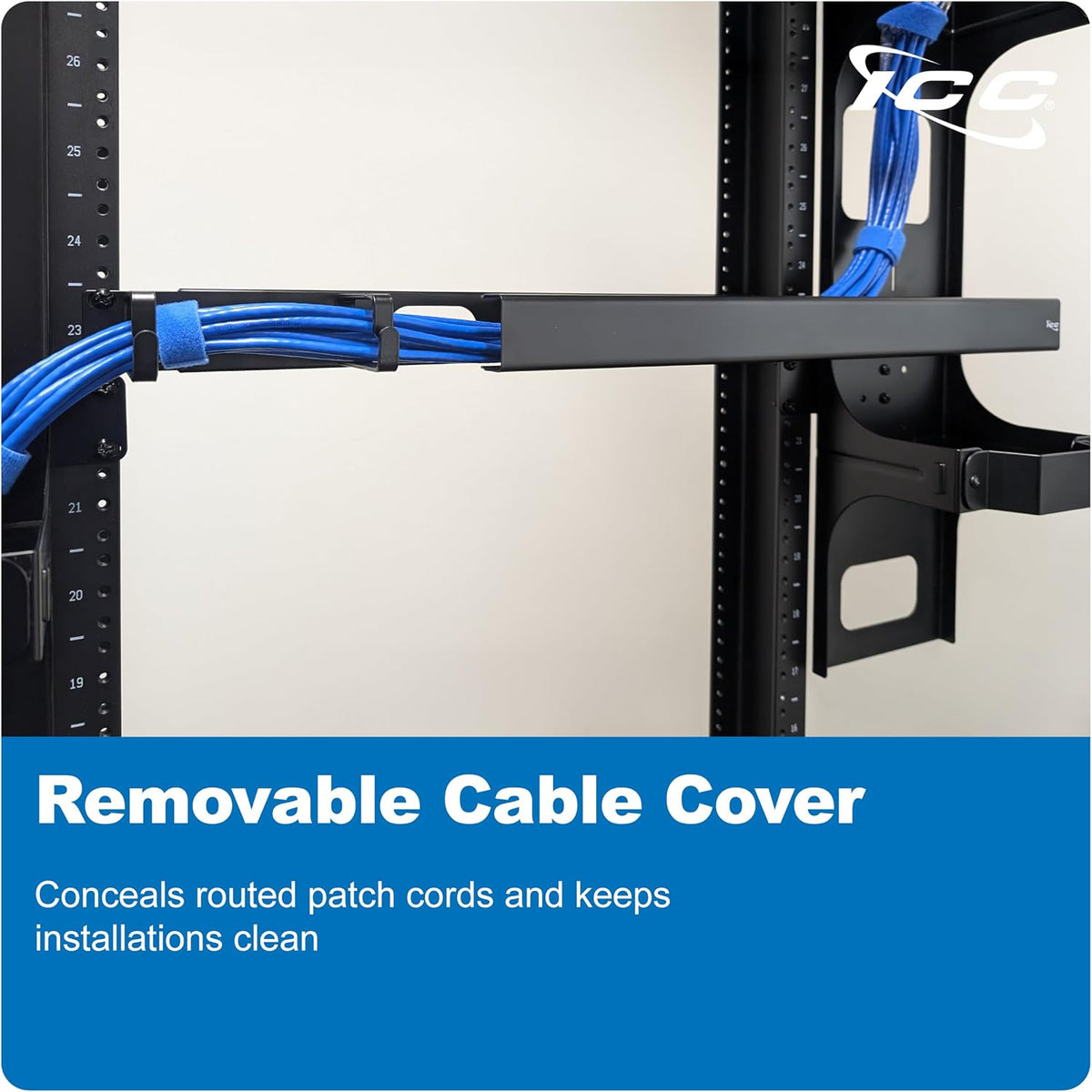 ICC 1U Ring Cable Manager with Cover, 3-Inch D-Rings, Black, 1-Pack